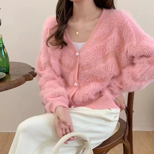 Damen Flauschige und elegante Strickjacke mit Perlknöpfen Drune