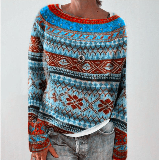 Damen nan gemusterter Norwegerstrickpullover mit weitem Rundhalsausschnitt und lässigem Oversize-Schnitt Drune