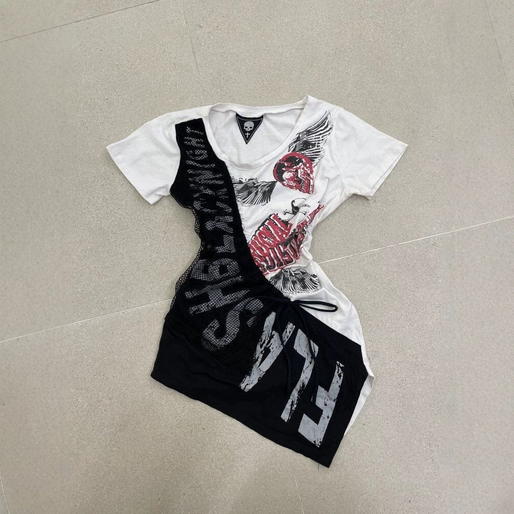 Damen lässiges T-Shirt mit einzigartigem Grafikdesign und sportlichem Mesh-Einsatz Drune