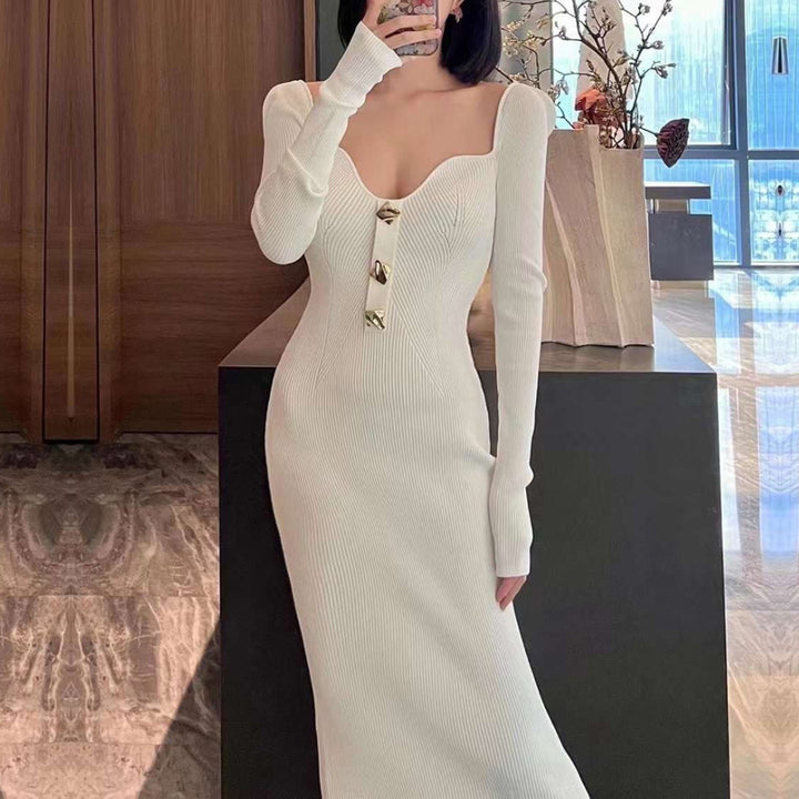 Damen Elegantes Strickkleid mit leichtem V-Ausschnitt und Goldknöpfen Drune