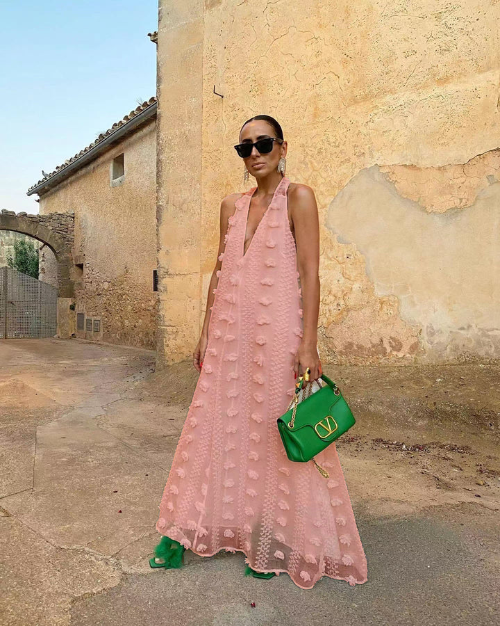 Damen Maxikleid mit voluminösem Saum und zarten Stickereien Drune