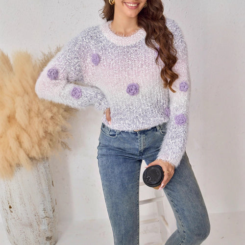Damen Fluffiger Strickpullover mit floralem Design Drune