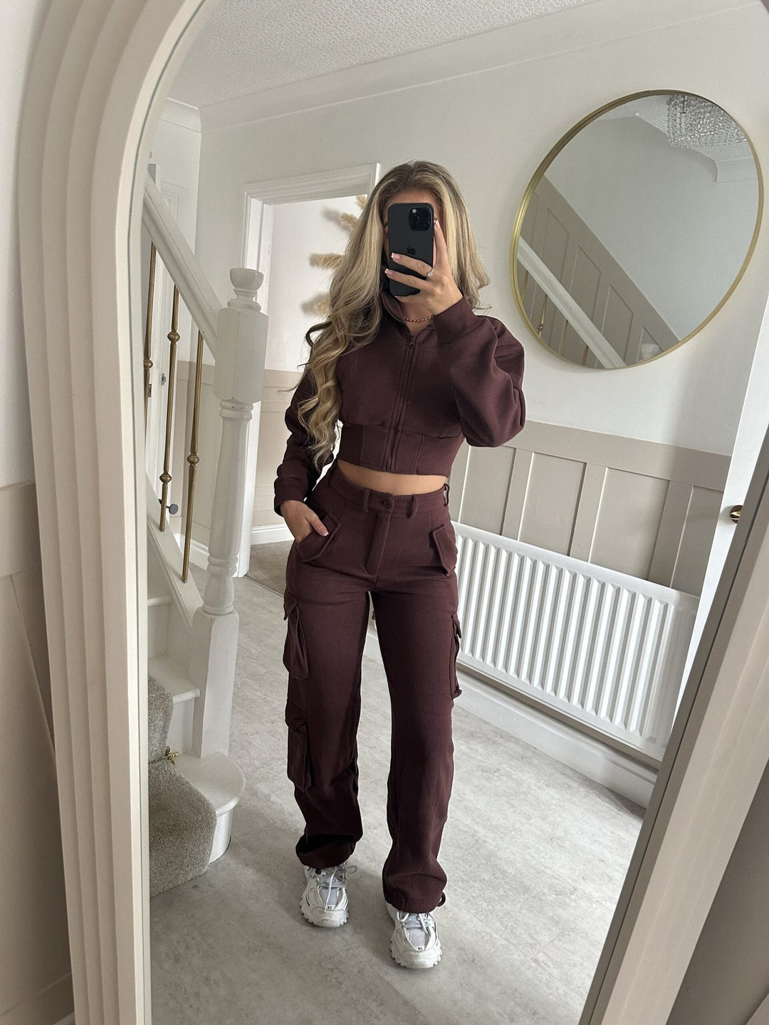 Damen modisches Cropped Jacken- und Cargo-Hosen-Set Drune
