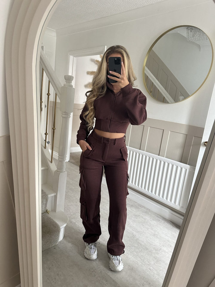 Damen modisches Cropped Jacken- und Cargo-Hosen-Set Drune