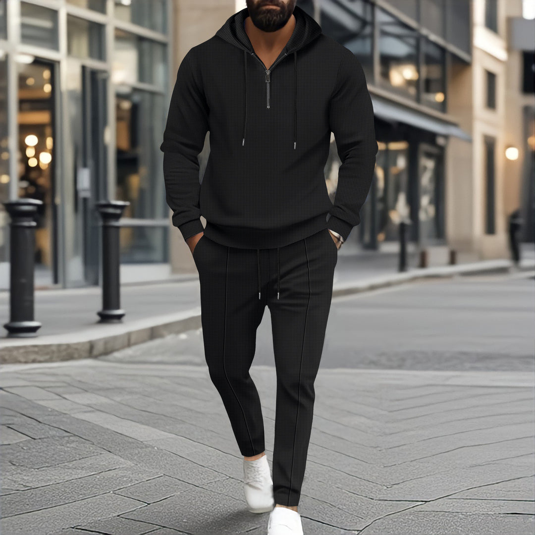 Herren nan strukturiertes Halbzip-Kapuzenloungewear-Set mit tapered Jogpants und Kordelzug Drune