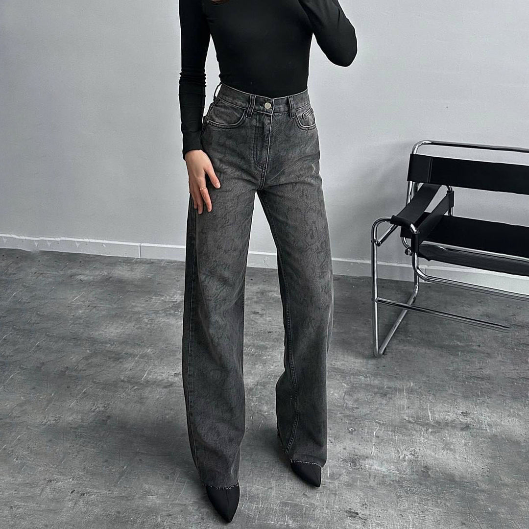 Damen Jeans im modischen Schlangenmuster mit hohem Bund und geradem Schnitt Drune