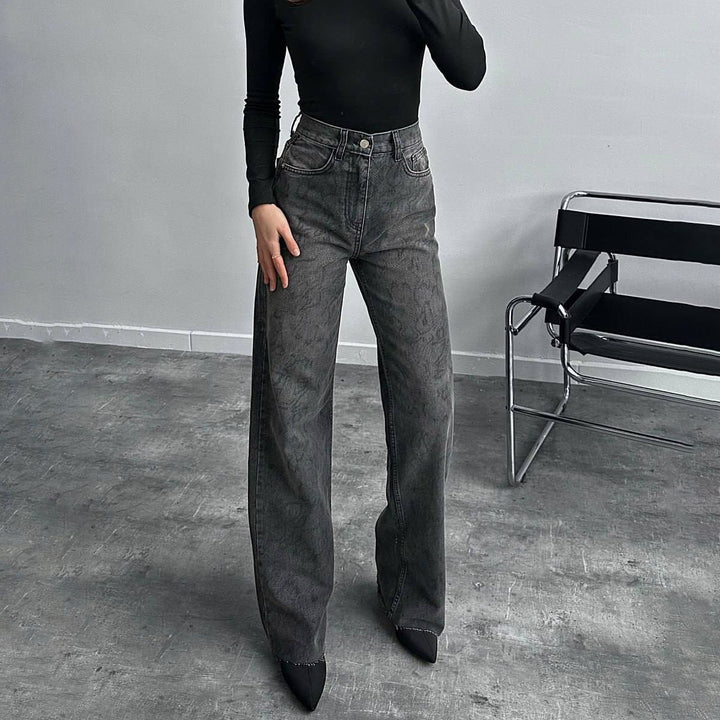Damen Jeans im modischen Schlangenmuster mit hohem Bund und geradem Schnitt Drune