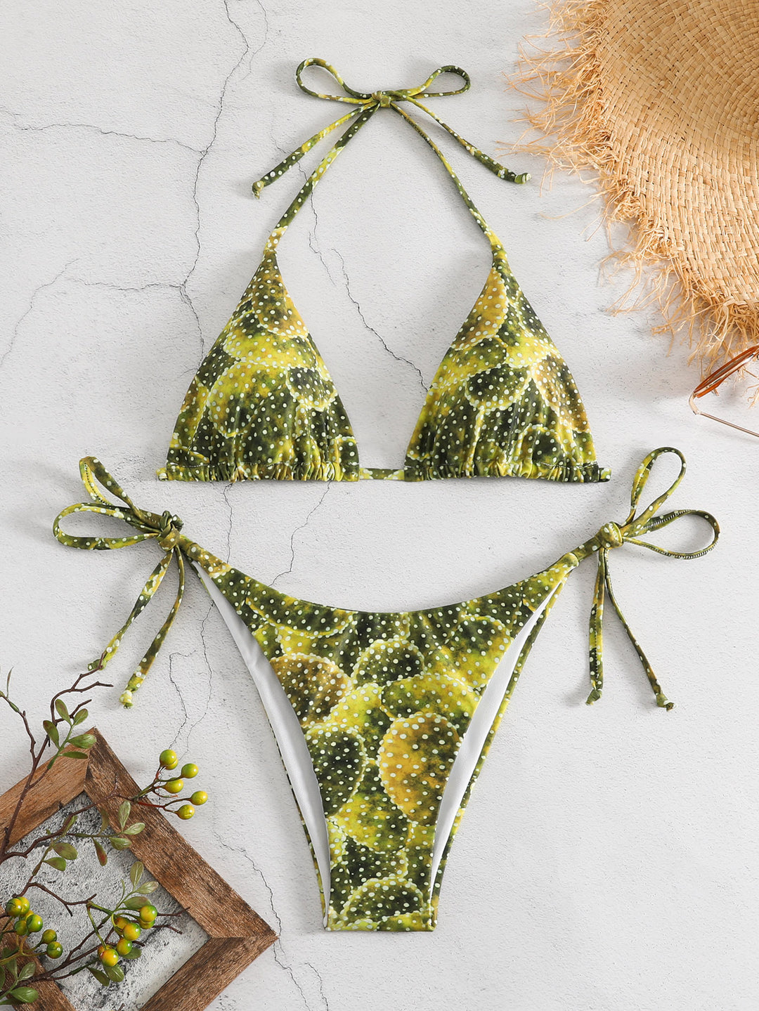 Damen Triangel-Bikini mit verspieltem Muster und verstellbaren Bindebändern Drune