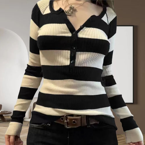 Damen Langarmshirt mit Knopfleiste und Streifenmuster Drune