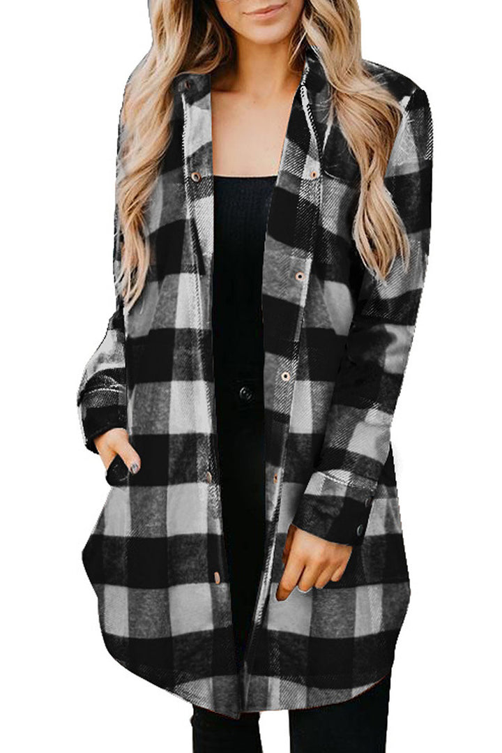 Damen lässige Longbluse im Karo-Design mit Knopfleiste Drune