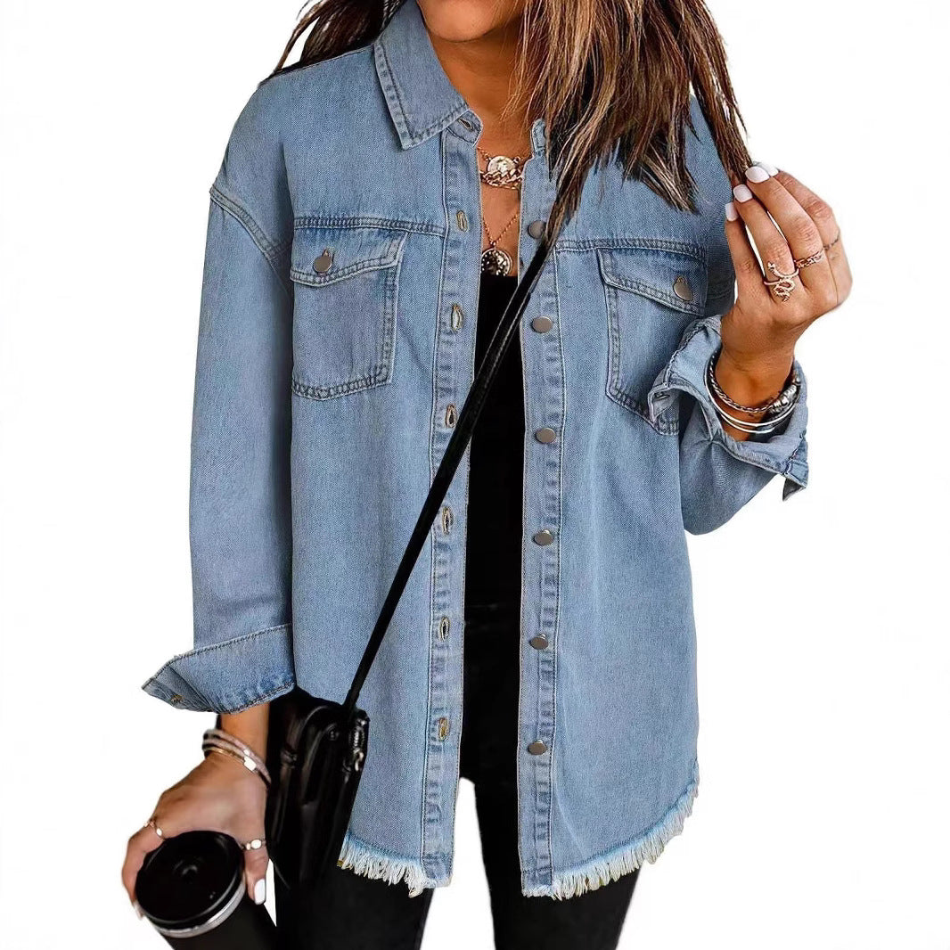 Damen Oversized Jeanshemd mit Fransen Drune