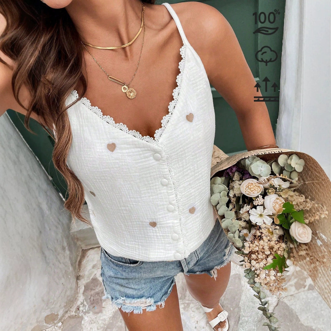 Damen Spaghetti-Trägershirt mit Herzmotiven Drune