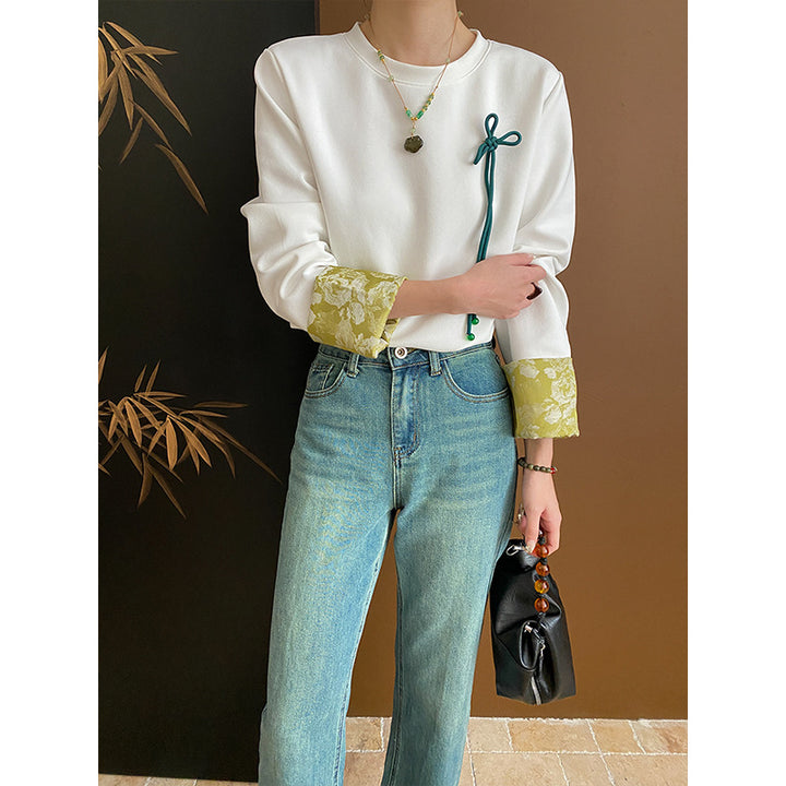 Damen modisches Langarmshirt mit floralem Kragen und dekorativem Detail Drune