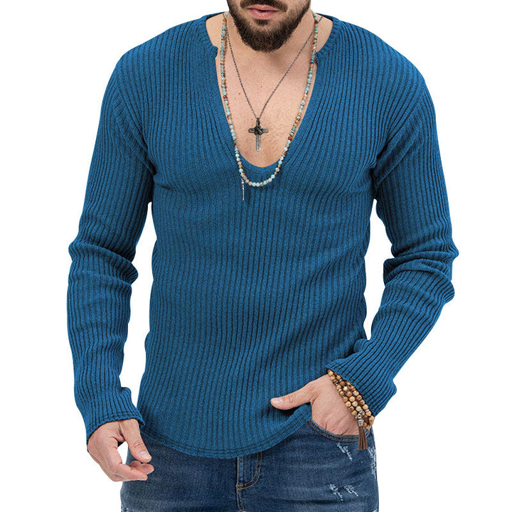 Herren Langarm-Rippenpullover mit tiefem V-Ausschnitt und modernem Schnitt Drune