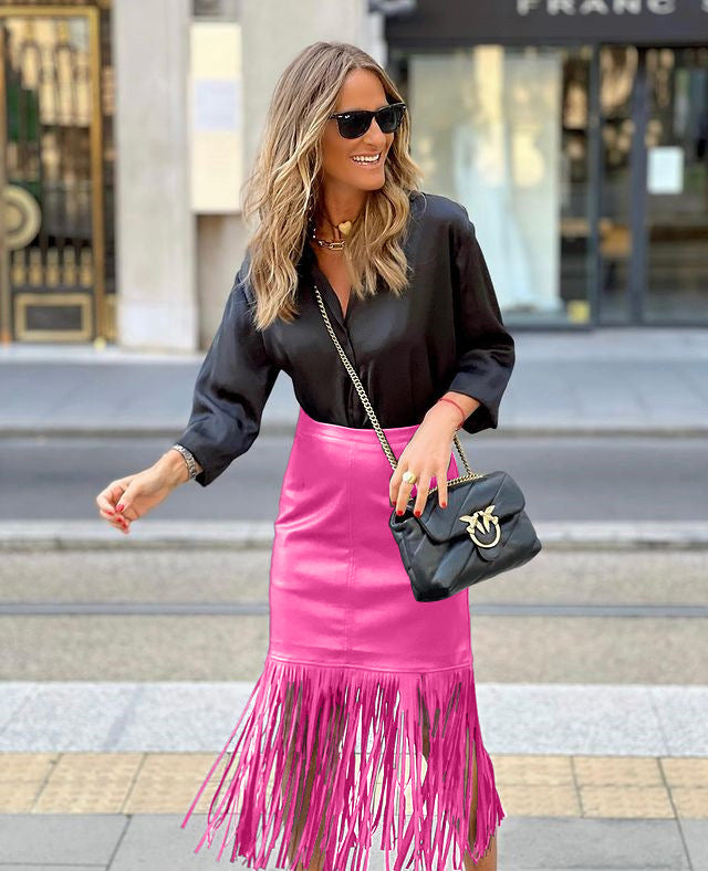 Damen Fuchsia-Fransenrock aus Kunstleder mit figurbetonter Silhouette und schwingendem Design Drune