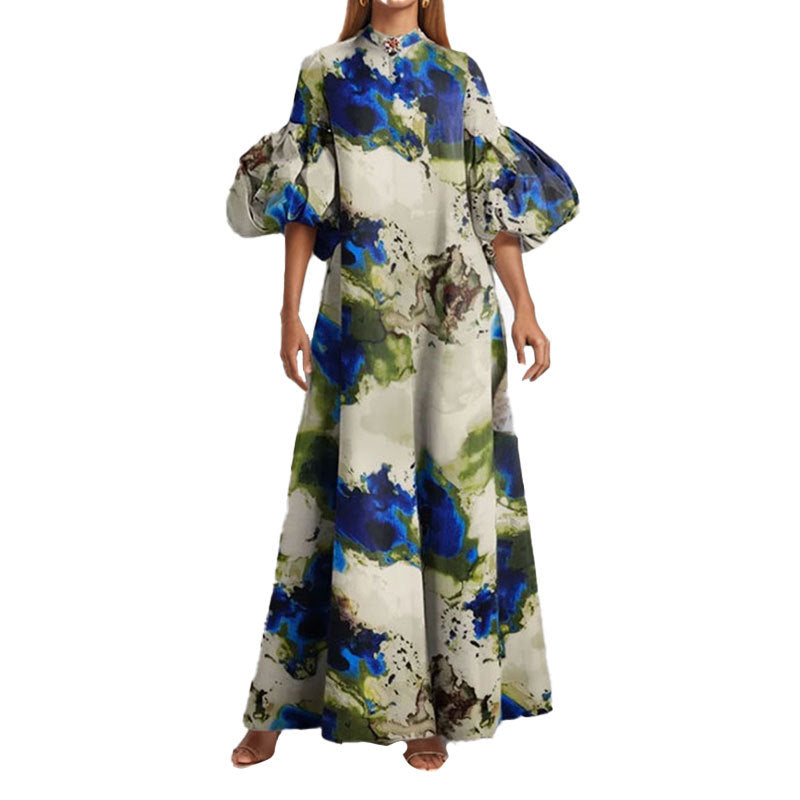 Damen Maxi-Kleid mit Volantärmeln und abstraktem Muster Drune