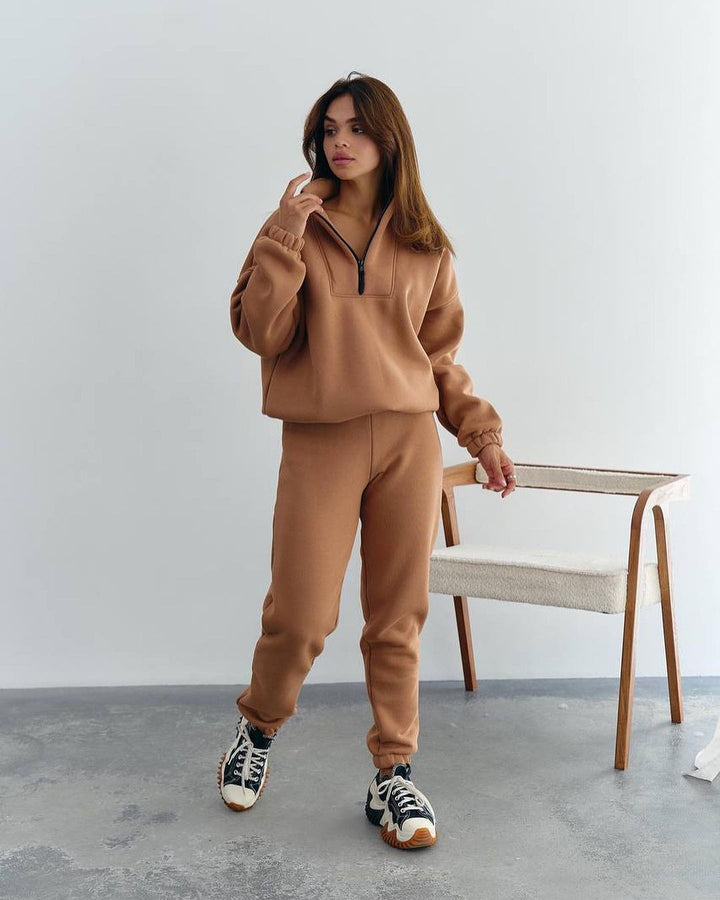 Damen Sportlicher Fleece-Traininganzug mit halbem Reißverschluss und elastischen Bündchen Drune
