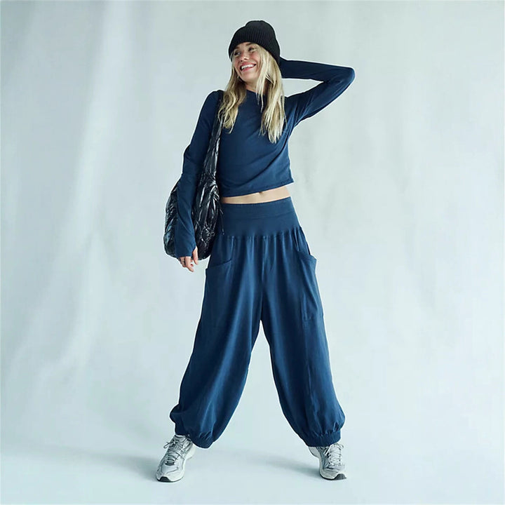 Damen lässiges Set aus cropped Oberteil und weiten Hose Drune