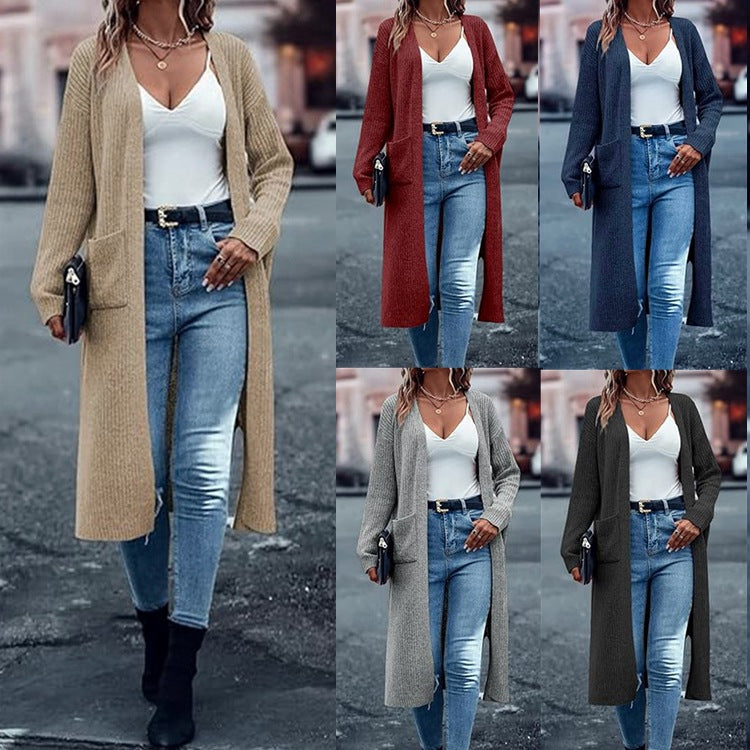 Damen Strickmantel mit langen Ärmeln und praktischen Taschen Drune