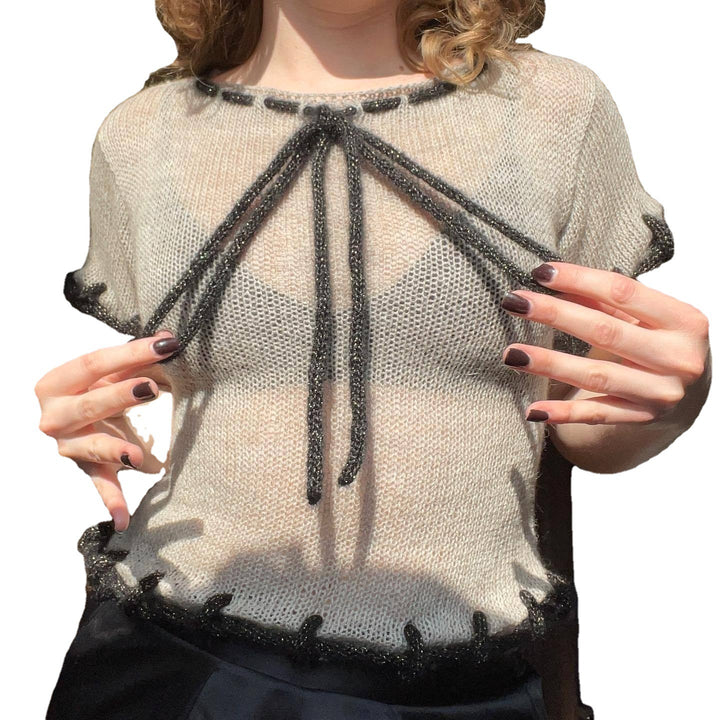 Damen modisches transparentes Strickoberteil mit dekorativen Profilschnüren Drune