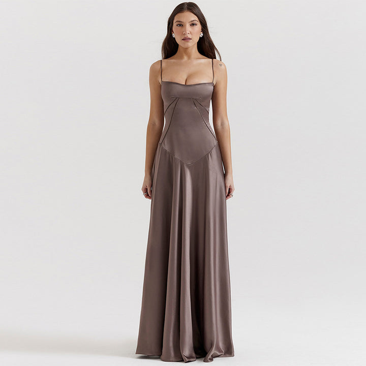 Damen Elegantes Maxikleid mit schmalen Spaghettiträgern und fließendem Satinfall Drune