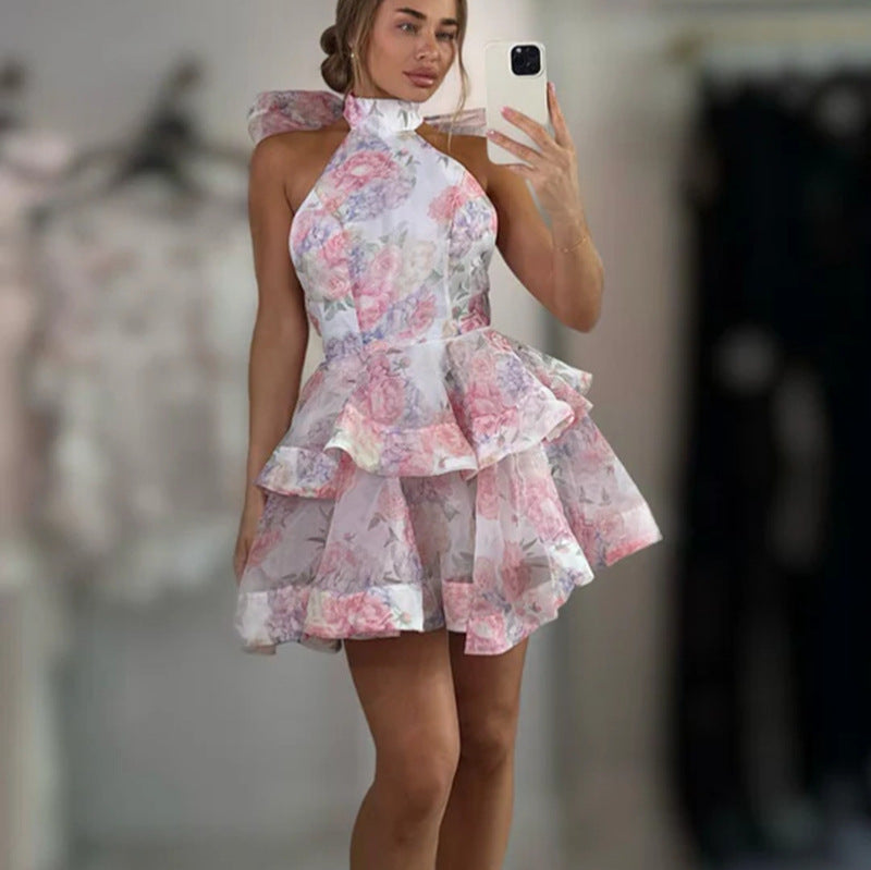 Damen Rüschenkleid mit floralem Druck und hohem Kragen Drune