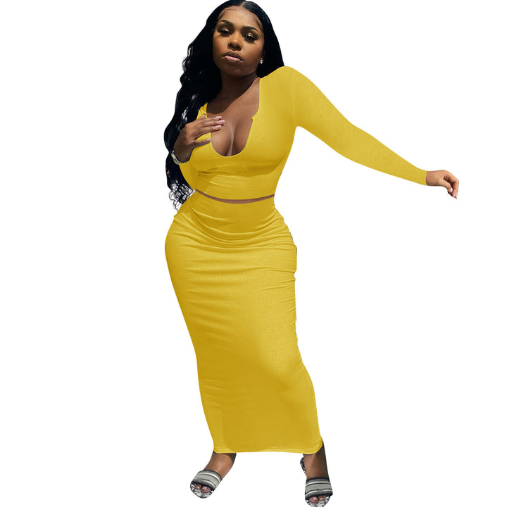 Damen Figurbetontes Maxikleid mit langem Arm und tiefem V-Ausschnitt Drune