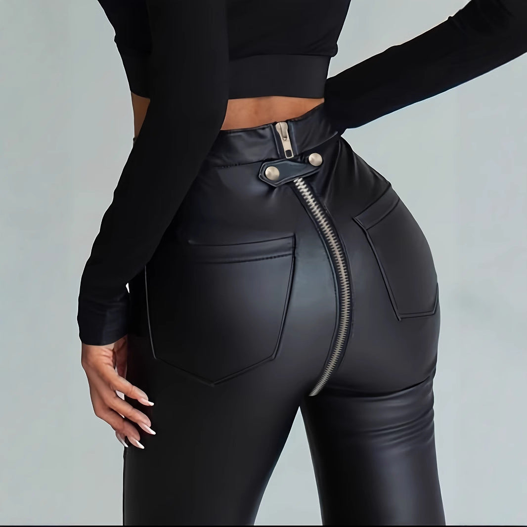 Damen Modische Kunstlederleggings mit Reißverschluss und Taillierung Drune