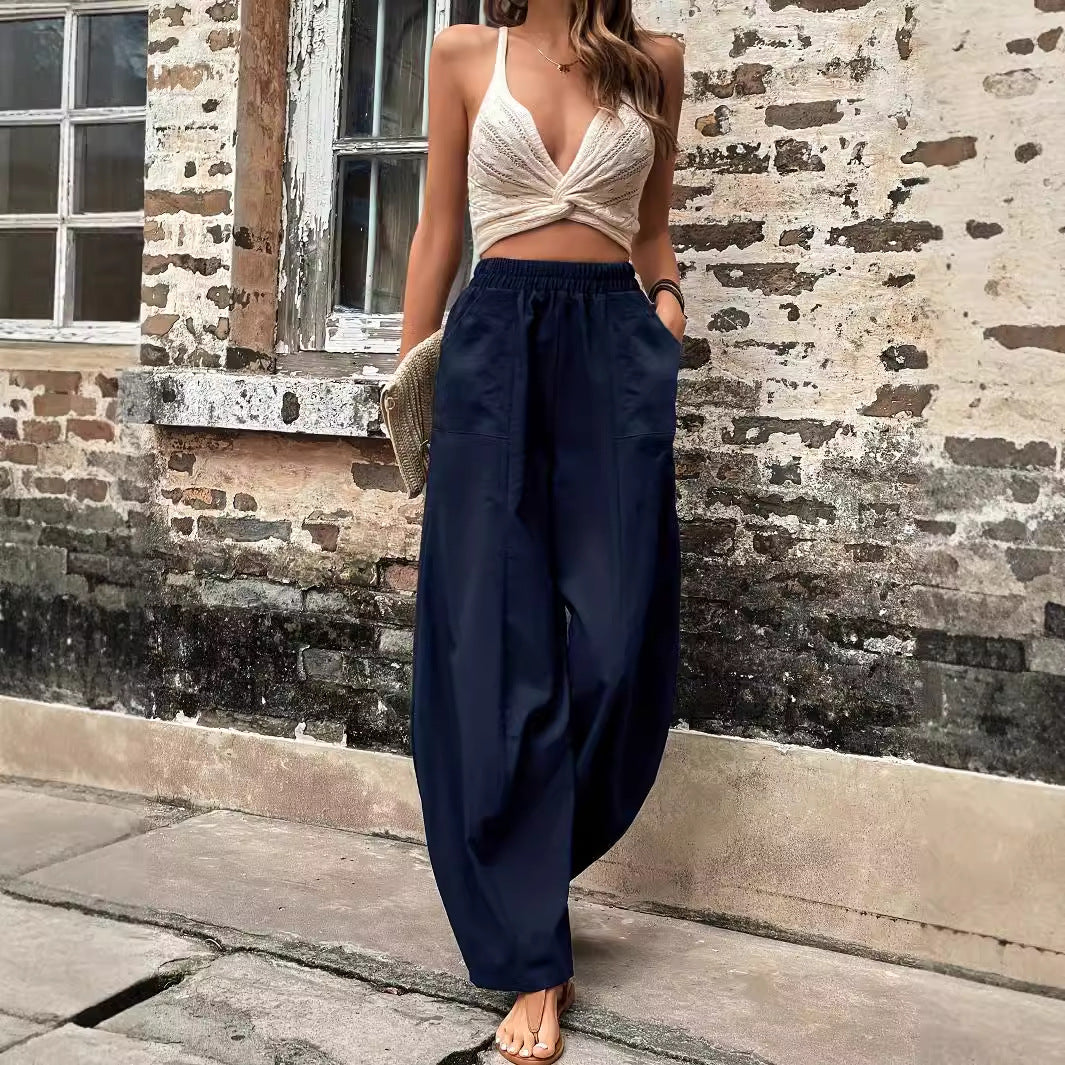 Damen weite Leinenhose mit elastischem Taillenbund und Seitentaschen Drune