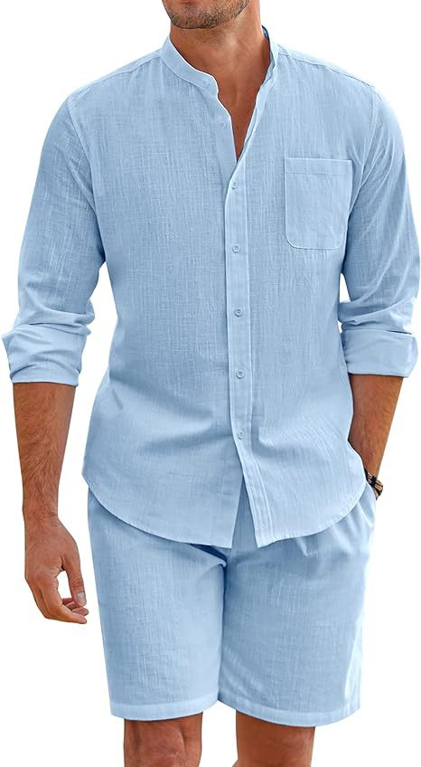 Herren Leichte und atmungsaktive Leinenhemden mit kurzer Hose Drune