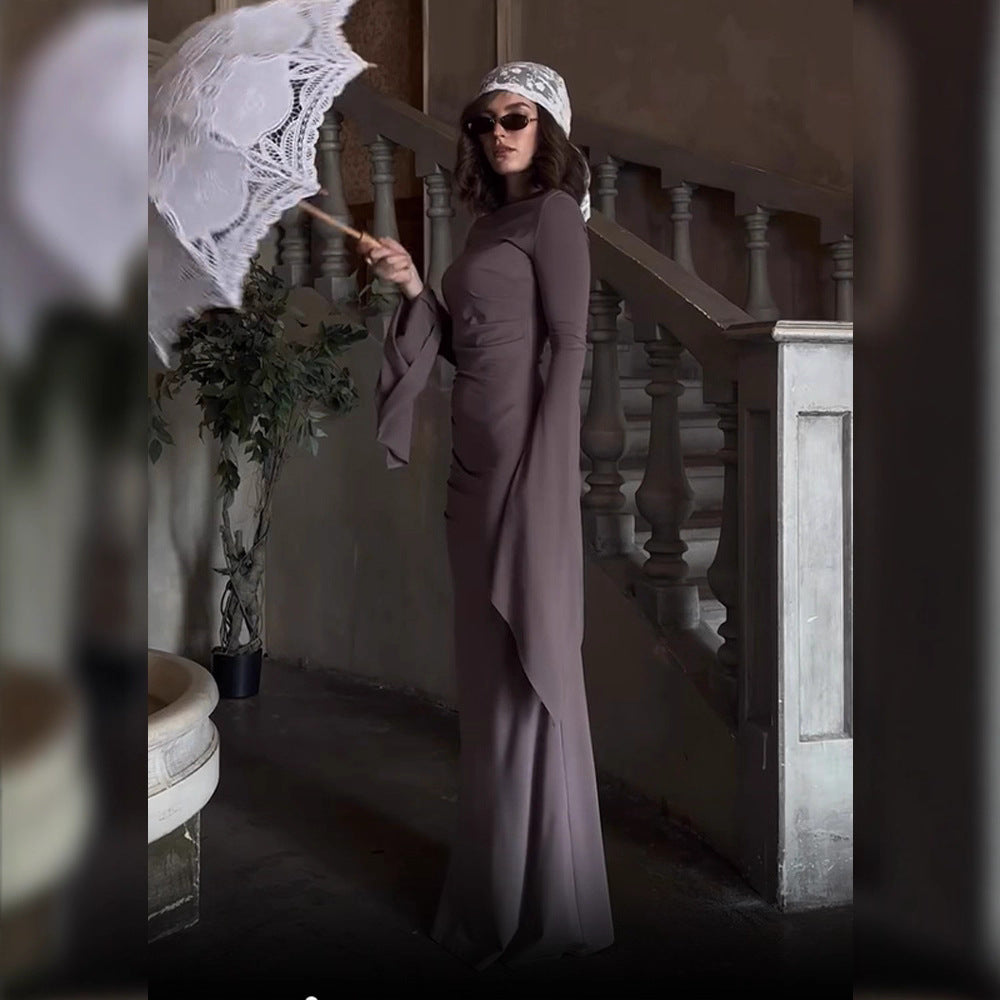 Damen elegantes Maxi-Kleid mit schwingenden Ärmeln und raffinierten Drapierungen Drune