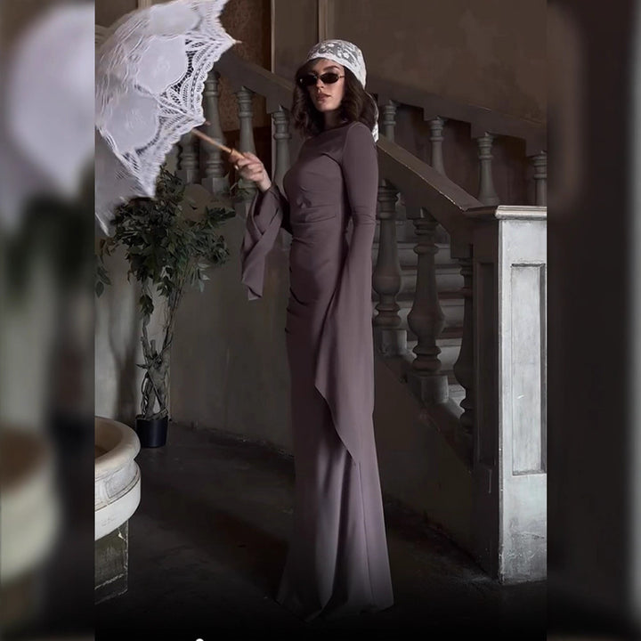 Damen elegantes Maxi-Kleid mit schwingenden Ärmeln und raffinierten Drapierungen Drune