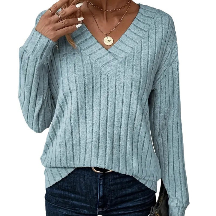 Damen Eleganter V-Ausschnitt Strickpullover mit Rippdesign Drune