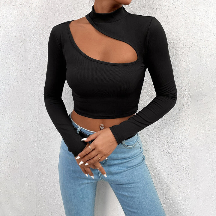 Damen Langarm-Crop-Top mit asymmetrischem Ausschnitt und elegantem Stehkragen Drune