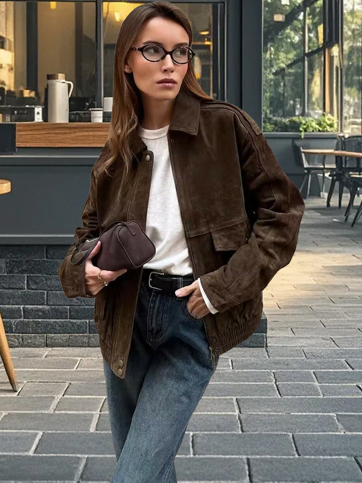 Damen modische Wildlederjacke mit Oversized-Schnitt Drune