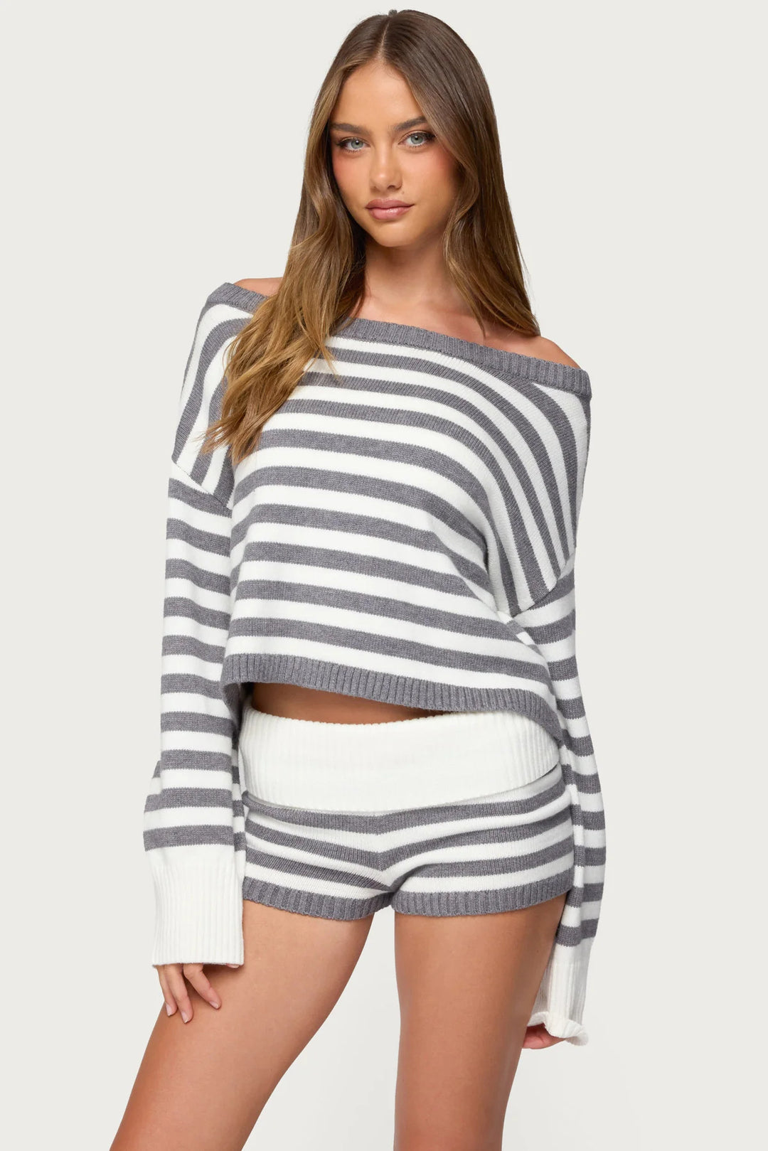 Damen nan kurz geschnittener Off-Shoulder Cropped Strickpullover mit weitem Fledermausärmel Drune