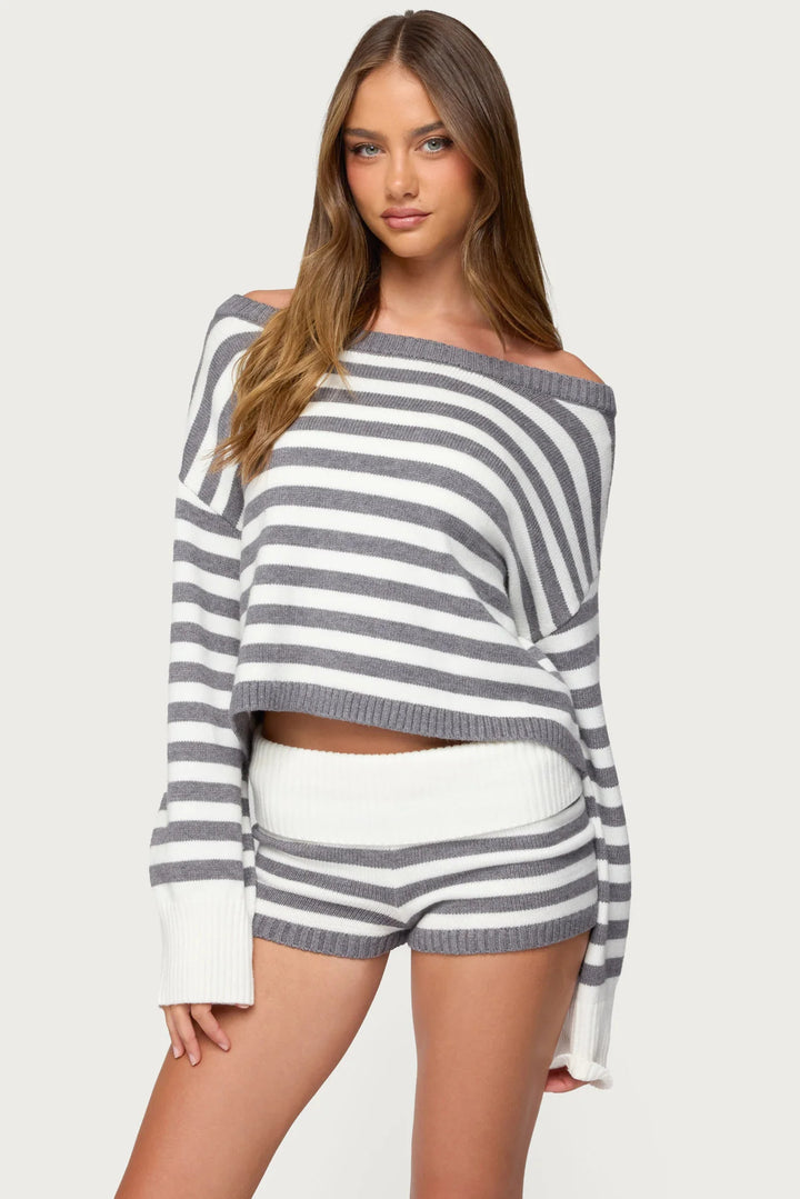 Damen nan kurz geschnittener Off-Shoulder Cropped Strickpullover mit weitem Fledermausärmel Drune