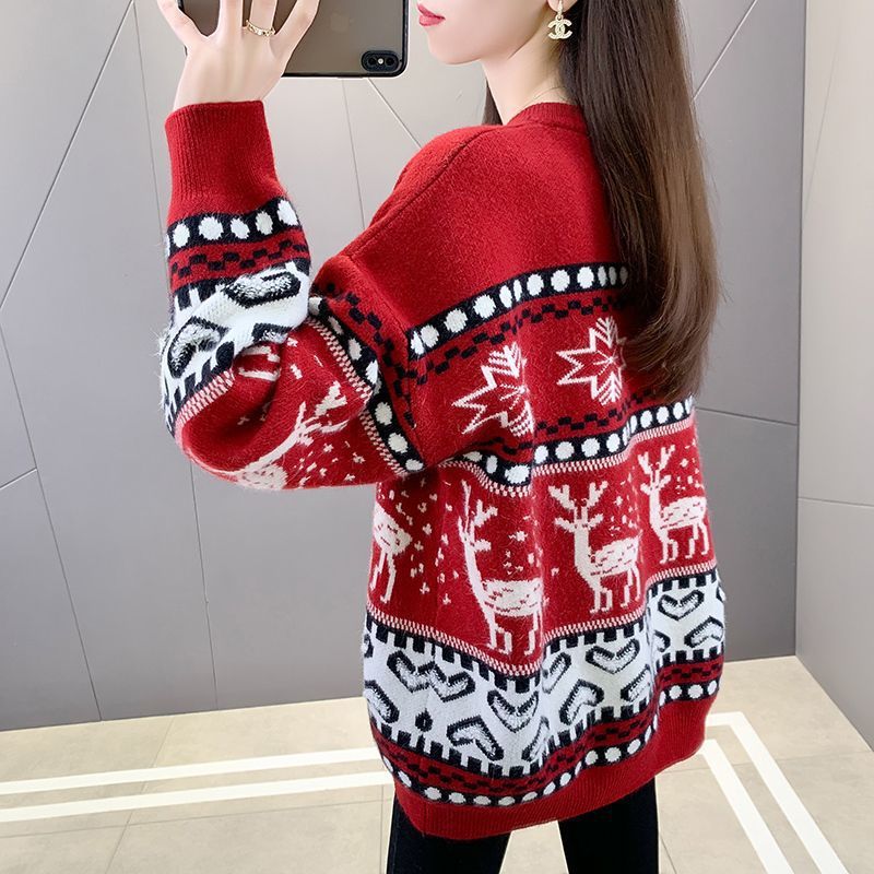 Damen Grobstrickpullover mit festlichem Rentiermotiv und modernem Design Drune