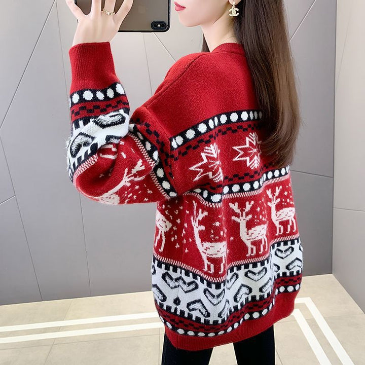 Damen Grobstrickpullover mit festlichem Rentiermotiv und modernem Design Drune