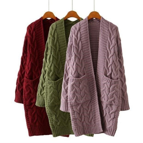 Damen Strickjacke mit grobem Zopfmuster und Taschen Drune