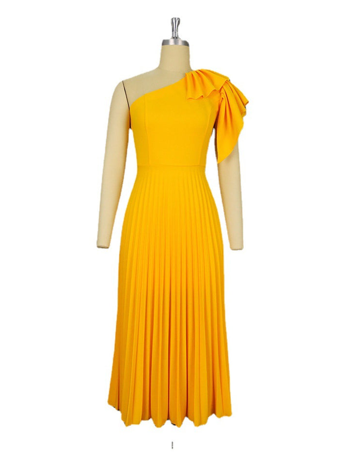 Damen Plissee Maxikleid mit asymmetrischem Träger und Rüschendetail Drune