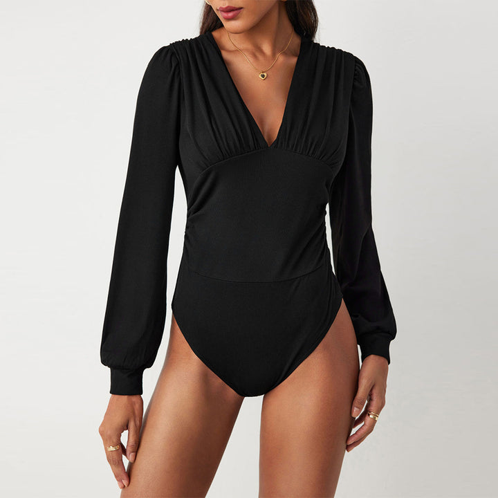 Damen Bodysuit mit eleganten Puffärmeln und tiefem V-Ausschnitt Drune