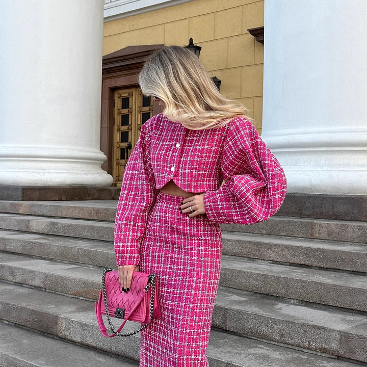 Damen Maxikleid mit innovativem Karo-Design und Volantärmel Drune