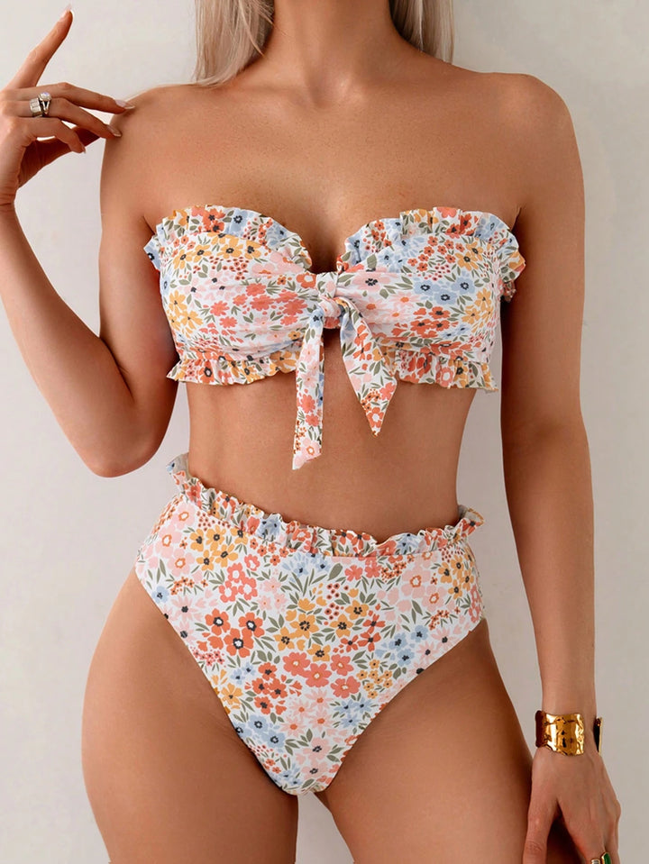 Damen Bandeau-Bikini mit verspielten Rüschen und floralem Muster Drune