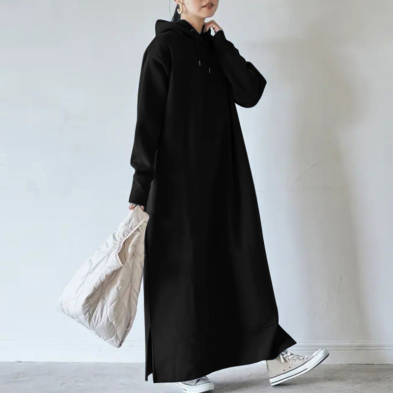 Damen nan Oversize Kapuzenmaxikleid mit geradem Schnitt und Seitenschlitz Drune