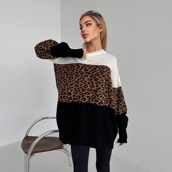 Damen modischer Oversized-Pullover mit animalischem Muster und kreativen Farbblockdetails Drune