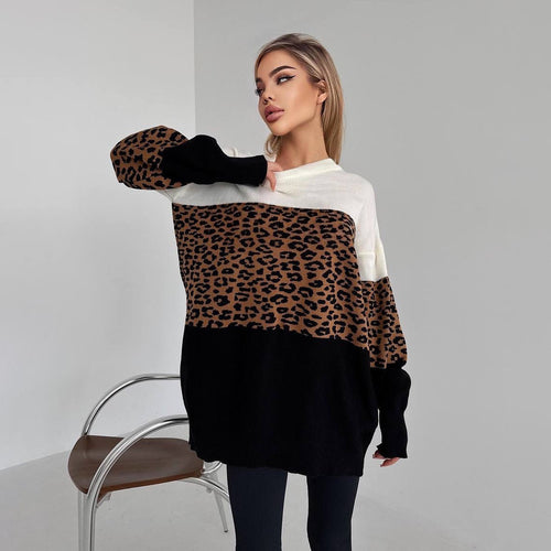 Damen modischer Oversized-Pullover mit animalischem Muster und kreativen Farbblockdetails Drune