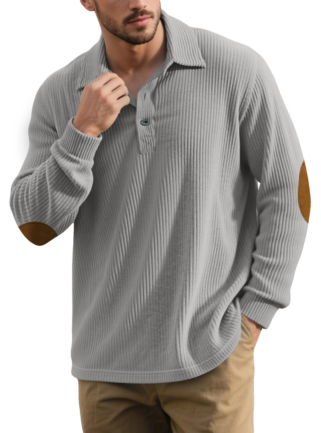 Herren nan gerippter Freizeit-Polo mit Kentkragen, kurzer Knopfleiste und Velours-Ellenbogenpatch Drune
