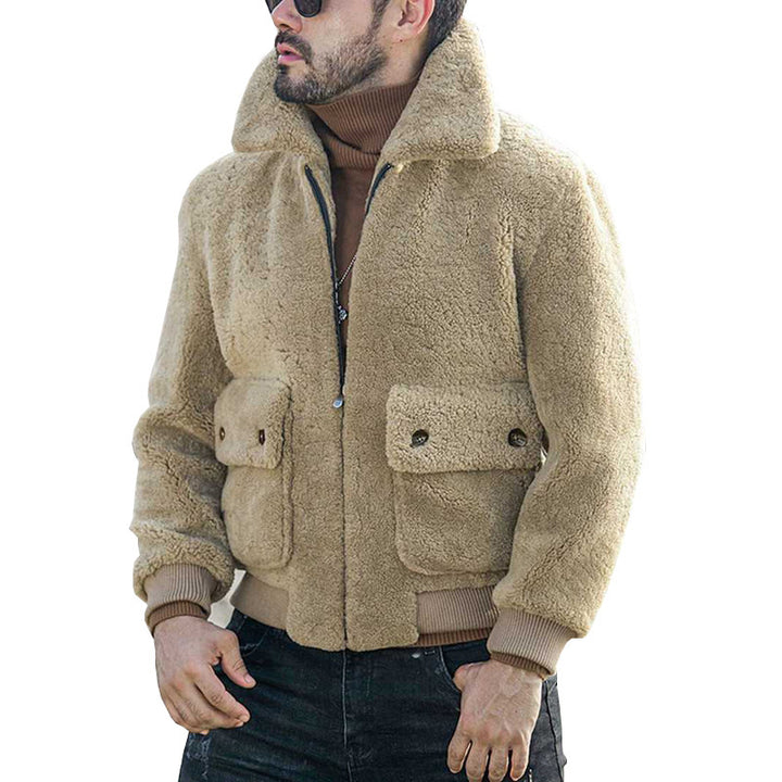 Herren Lammfell Bomberjacke mit großen Taschen und hohem Kragen Drune