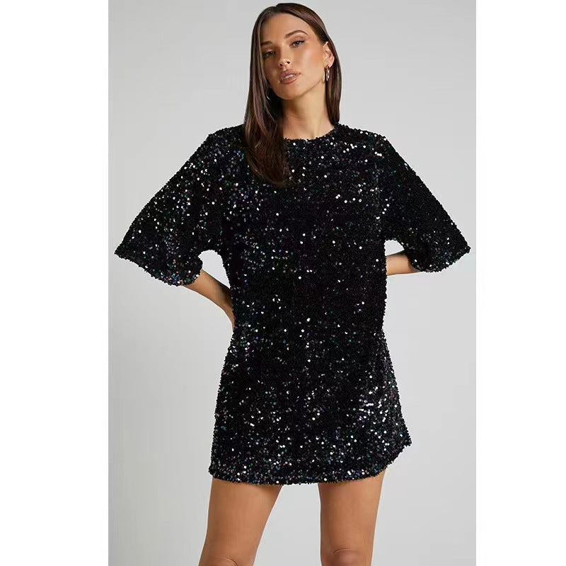 Damen Glamouröses Pailletten-Minikleid mit weit geschnittenen Ärmeln und elegantem Sneaker-Look Drune